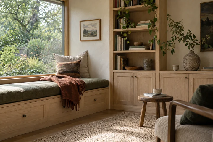 An imagined interior with cabinetry and built-in storage.