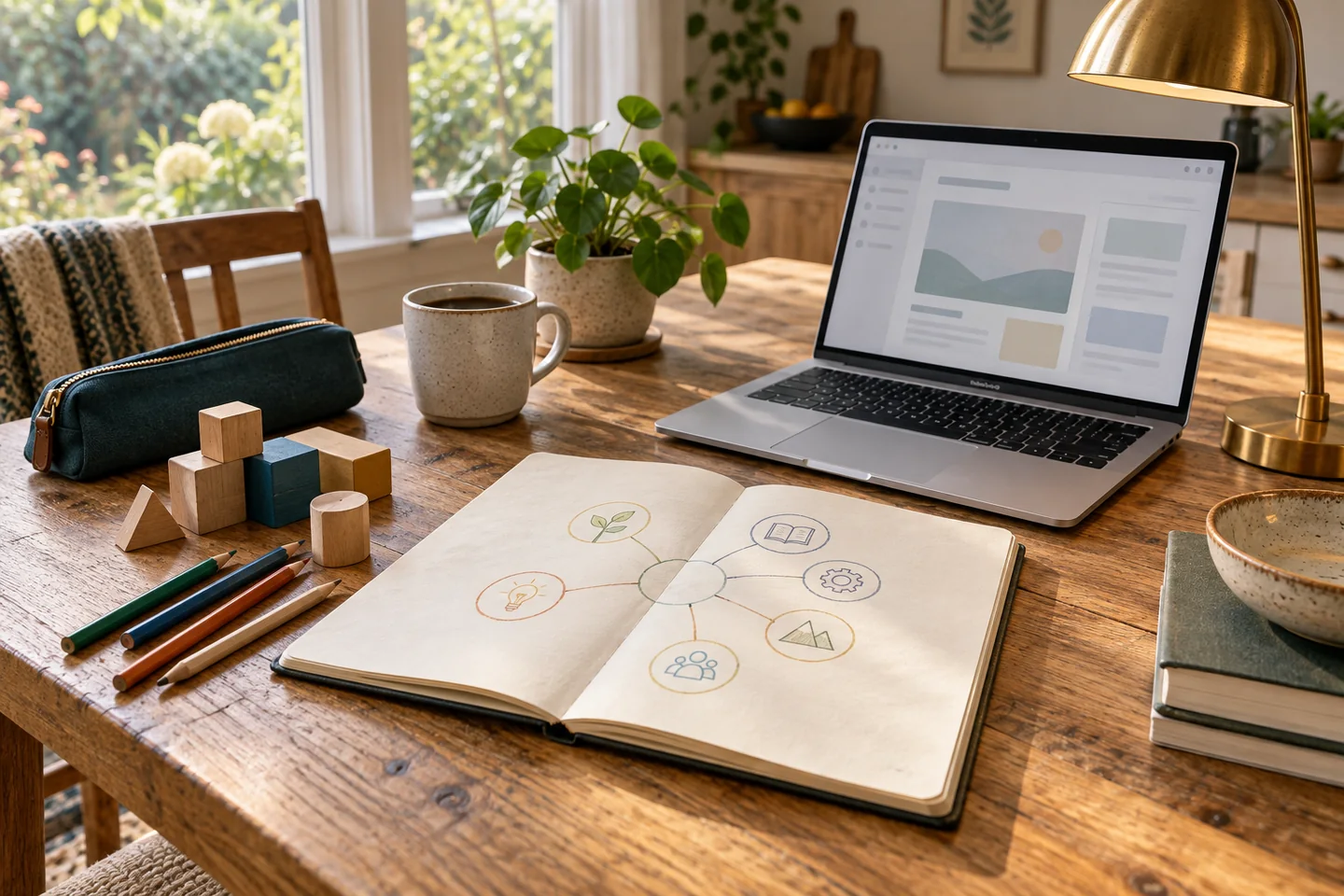 An oak table with a notebook, laptop, pencils and counting blocks.